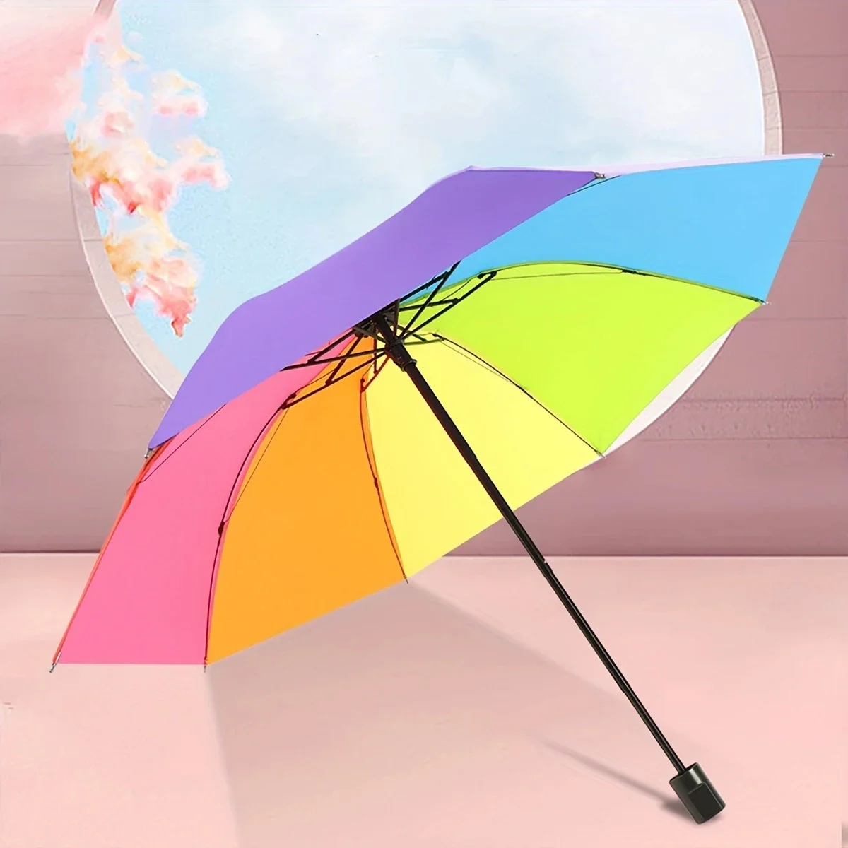 1pc - Rainbow Wonder - Portable Three- fold Umbrella with Short Handle,  Foldable Design for Effortless Style and Protection