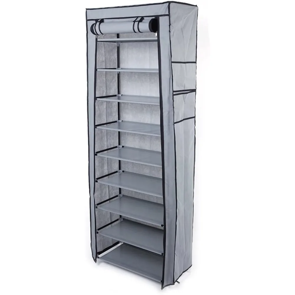 10 Tiers Shoe Rack with Dustproof Cover 27 Pair Shoe Tower Stand Sturdy Shelf Storage Organizer Cabinet Perfect for Bedroom