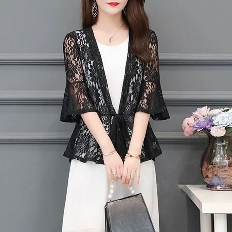 Women's Short Sleeve Thin Lace Shawl, Loose Coat, Monochromatic, Casual, Loose, All-Match, Simple, Office Lady, Summer Fashion