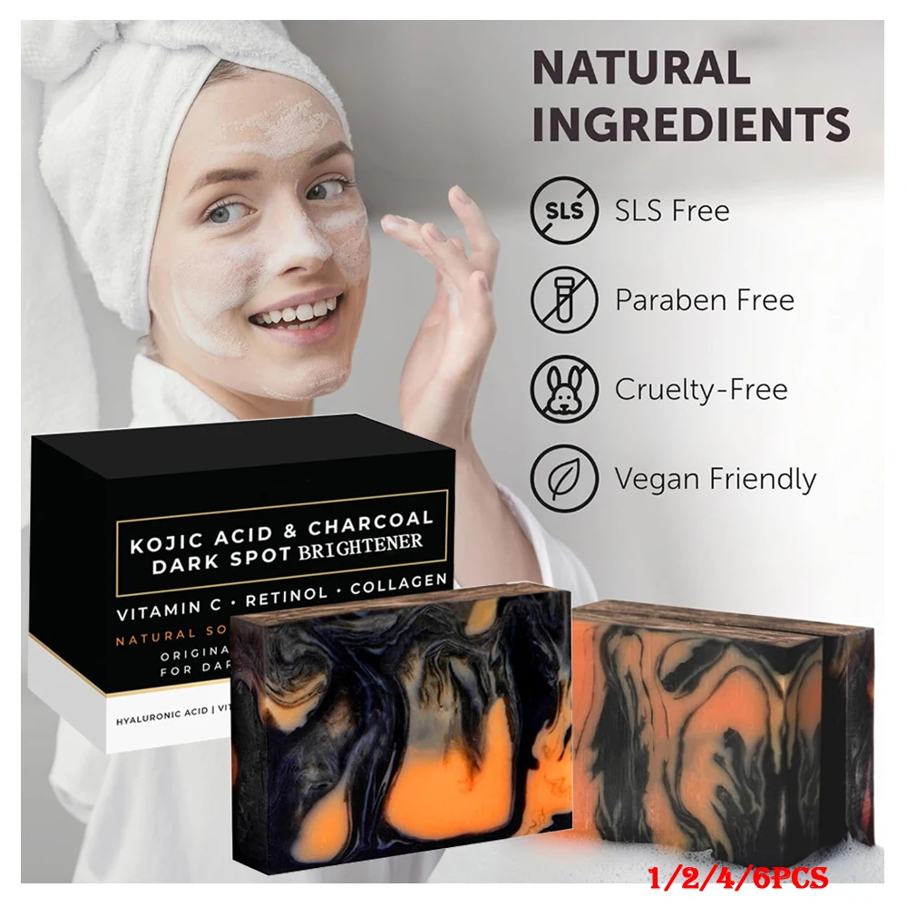 1/2/4/6Pcs Bamboo Charcoal Soap Natural Organic Activated Carbon Kojic Acid Handmade Soap for Blackhead Removal and Moisturizing