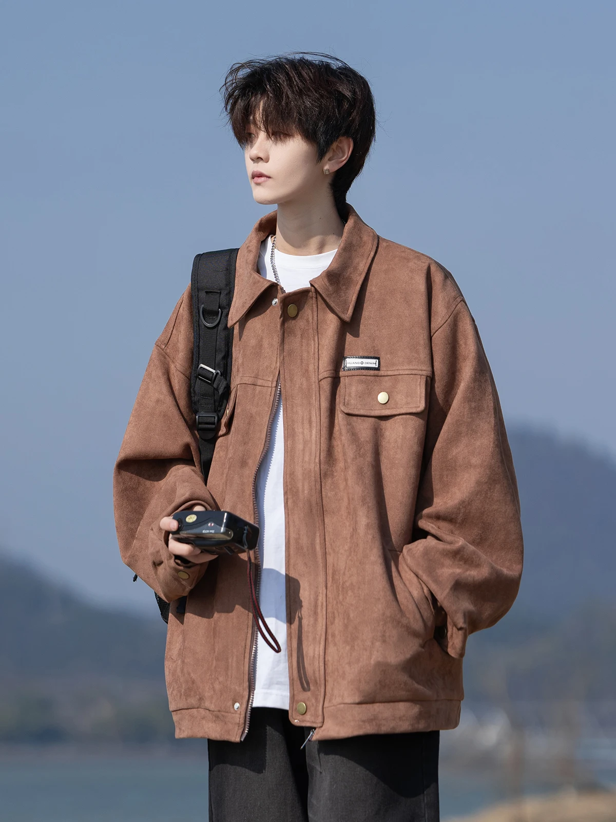 Locker sitzende Wildleder-Arbeitskleidung für Herren, lässige Umlegekragen-Oberbekleidung, Frühling und Herbst, Sli-Polyester/Nylon, Cosite-Faser