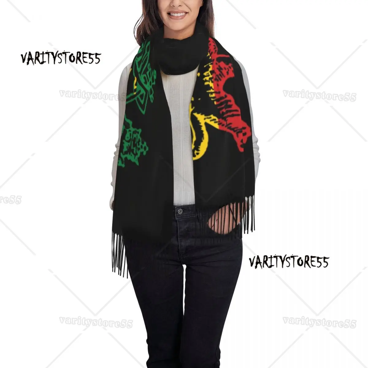 Fashion Lion Of Judah Flag Ethiopia King Selassie Rasta Tassel Scarf Women Winter Fall Warm Shawl Wrap Female Ethiopia Scarves