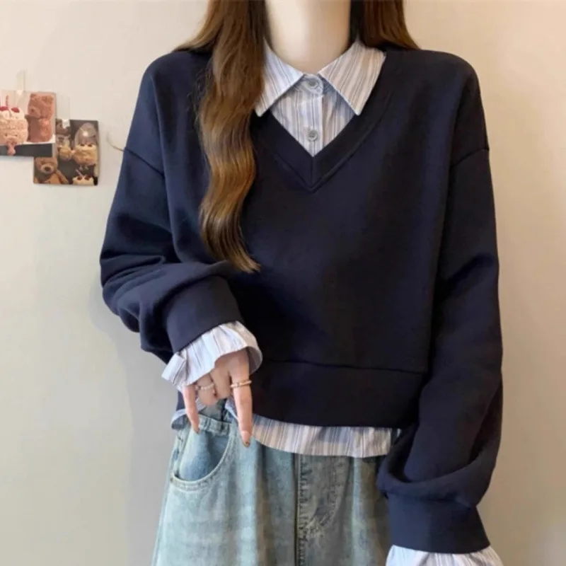 Women Fake Two Piece T-shirt Sweater 2025 Spring Autumn Women's American Two Piece Short Sweatshirt Loose Fit