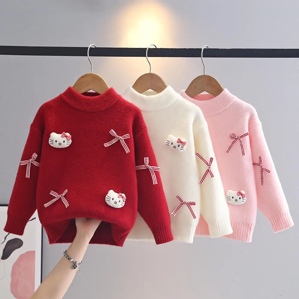 

Sanrio Hello Kitty Girls Cartoon Pullover Sweater New Autumn and Winter Baby Girl Knitted Sweater Tops Cute Warm Fashion Clothes