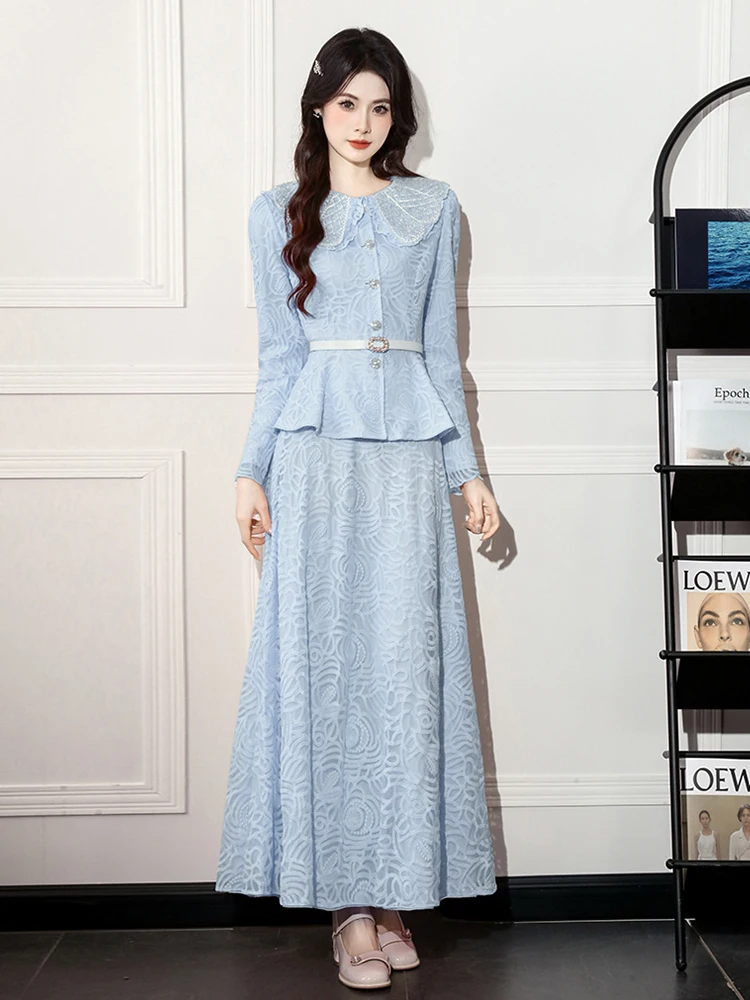 

Женские изысканные милые кружевные комплекты из двух предметов, элегантные модные топы, женская блузка с рюшами, рубашка с поясом, длинная юбка, комплект для вечеринки, платья для свиданий