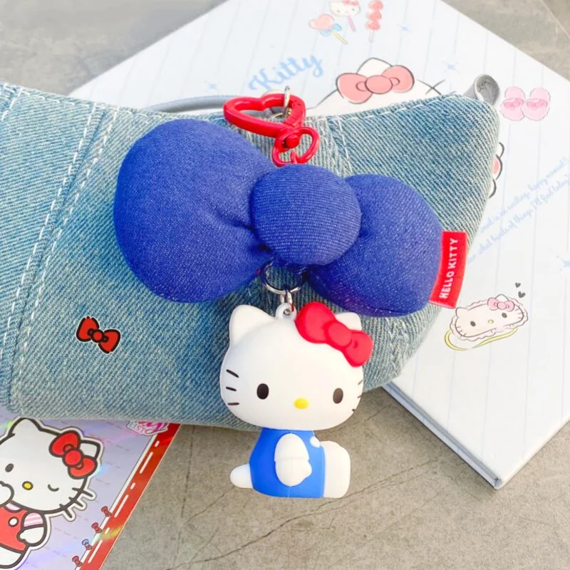 Hello Kitty Denim Bow Keychain Bag Pendant Cartoon Car Key Hanging Decor Daily Accessory Gift view 5