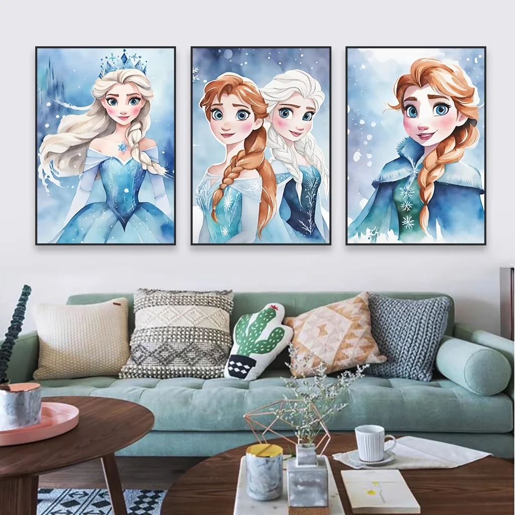 MINISO Disney Frozen Princess Poster Watercolor Art Elsa Anna Prints Cartoon Nursery Kids Wall Art Canvas Painting Home Decor