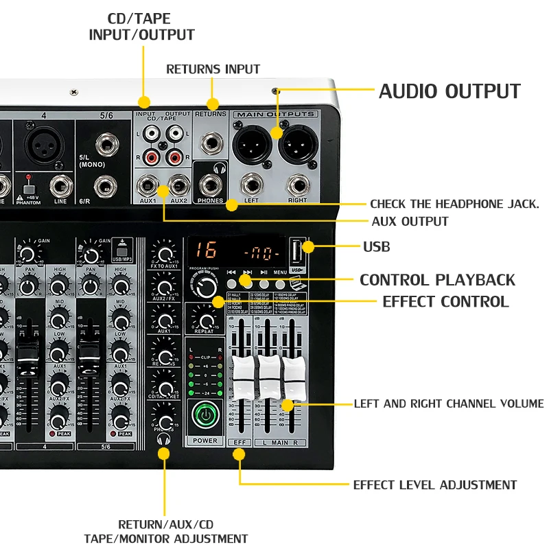 UX06 Professional DJ Mixer Audio Sound System 6-Channel Hot Sale with BT for Bar & Party Audio Equipment