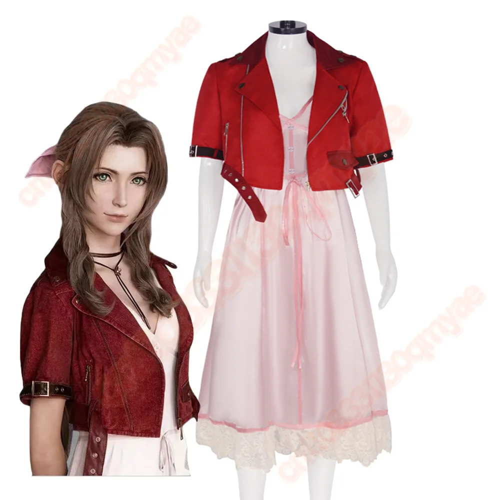 

Aerith Costume Cosplay Red Jacket Pink Dress Halloween Outfit Fancy for Women