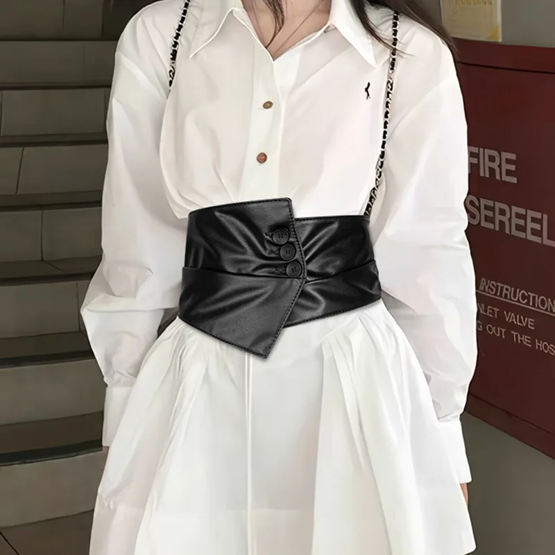 Black elastic wide waistband with three buttons for women versatile shirt dress suit waist cinching decorative accessories