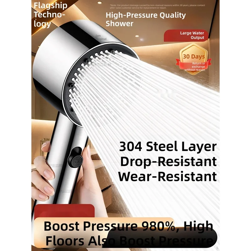 304 Stainless Steel Ultra-Strong Pressurized Shower Head – Bathroom Rainfall Shower, Super-Pressurized, High-Flow Showerhead Set