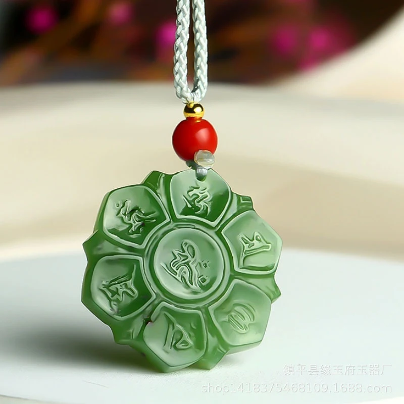 Spinach green Hetian six-character mantra pendant, light white jade double-sided necklace, exquisite small piece