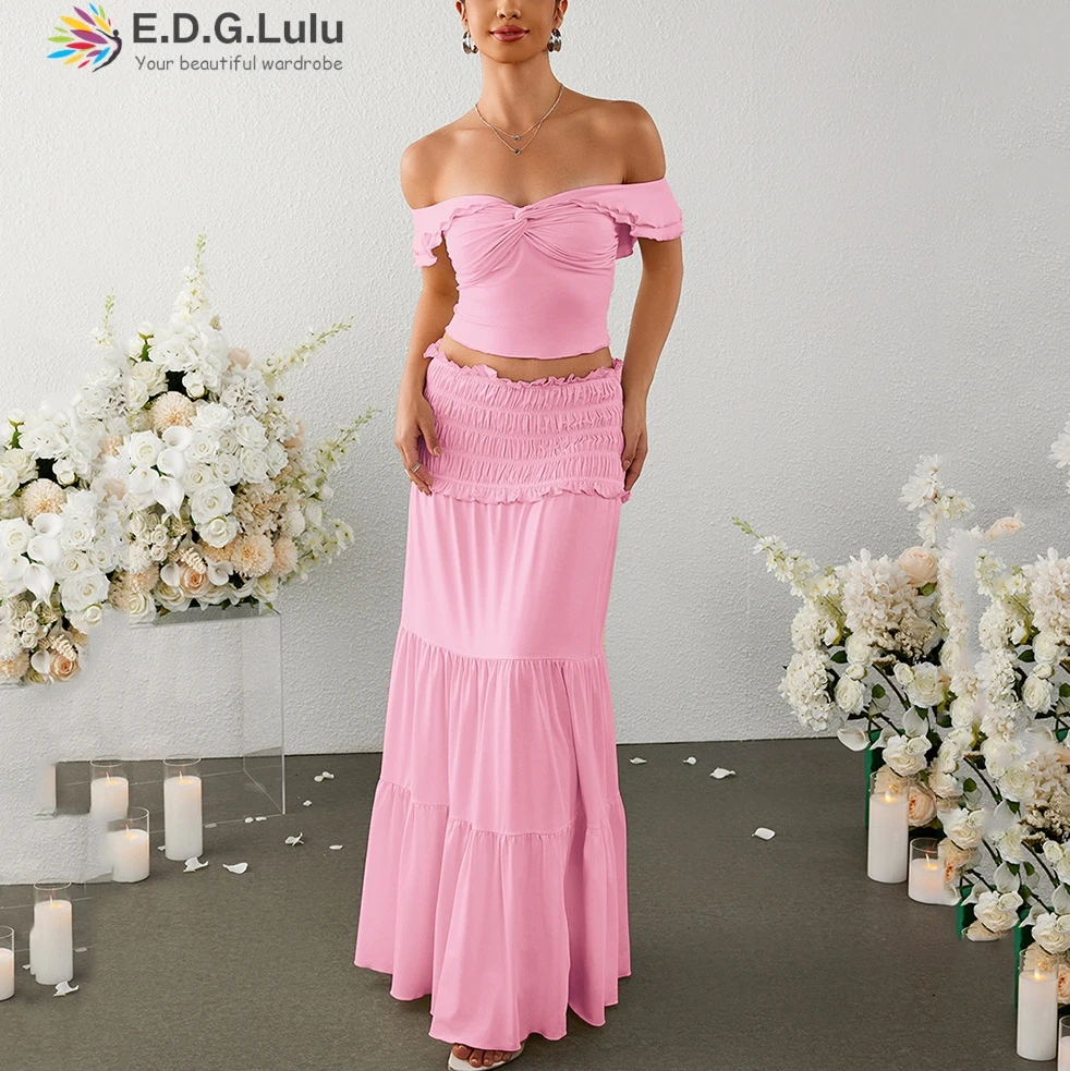 EDGLuLu 2 Piece Sets Women Outfit Strapless Off Shoulder Short Sleeved Top+High Waisted Pleated Long Skirt Pink Suit 1111