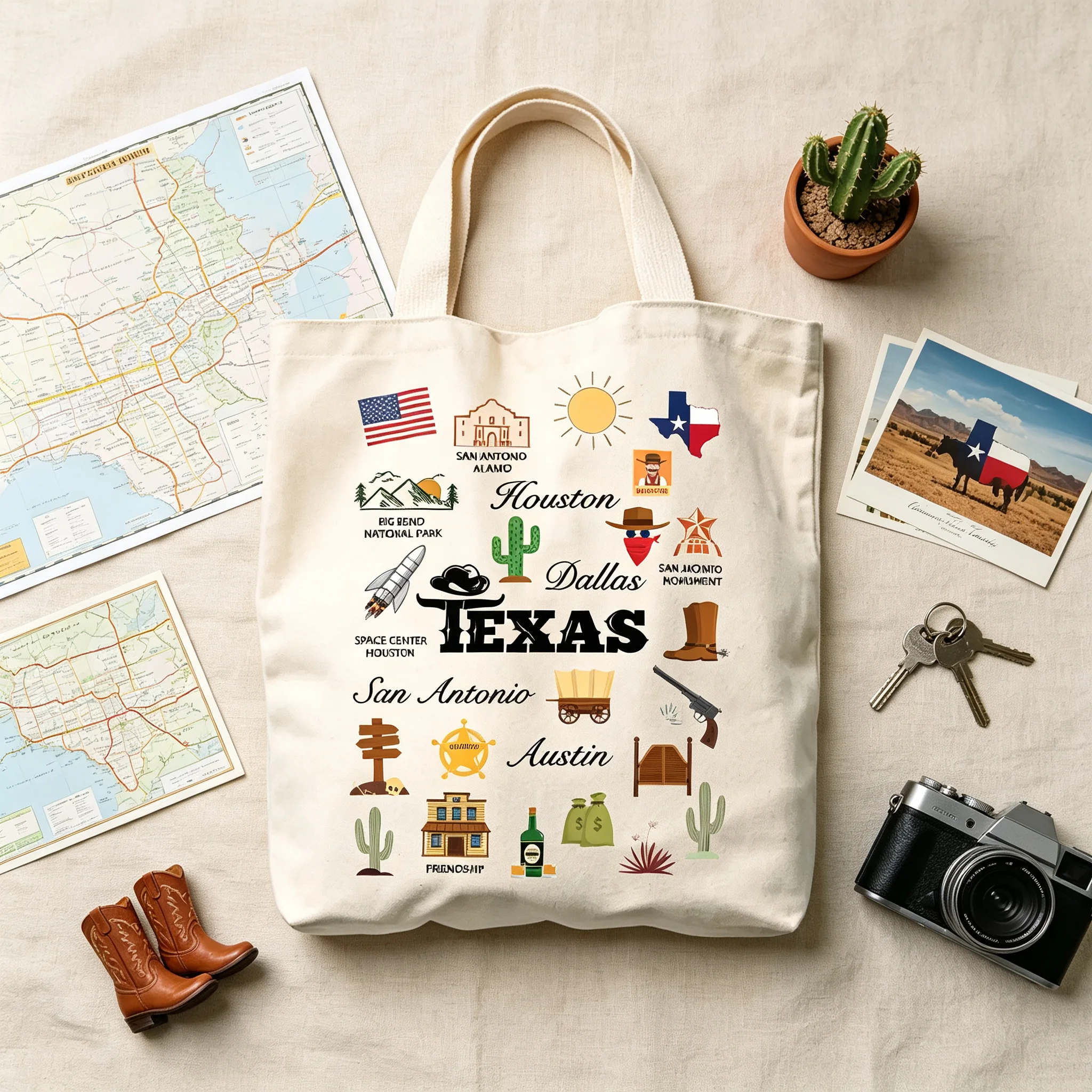 Texas City Landmarks Canvas Tote Bag Houston Dallas Austin San Antonio Travel Gift Reusable Cotton Shoulder Handbag