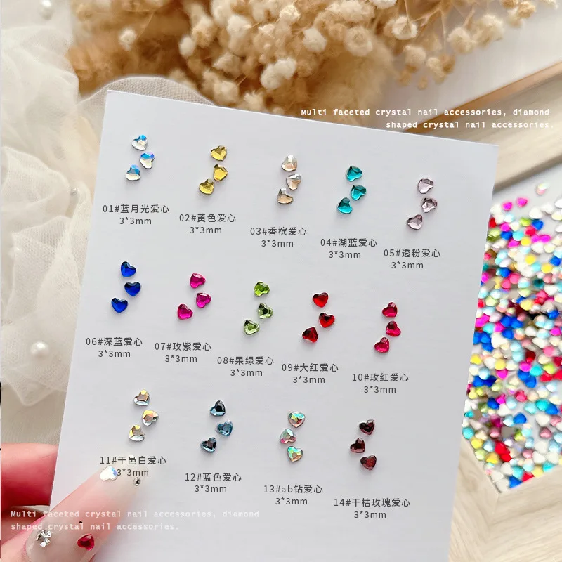 50PCS Super Sparkle 3mm Colorful Flatback Mini Love Diamonds Crystal Heart Nail Art Rhinestones Decorations Manicure Ornaments