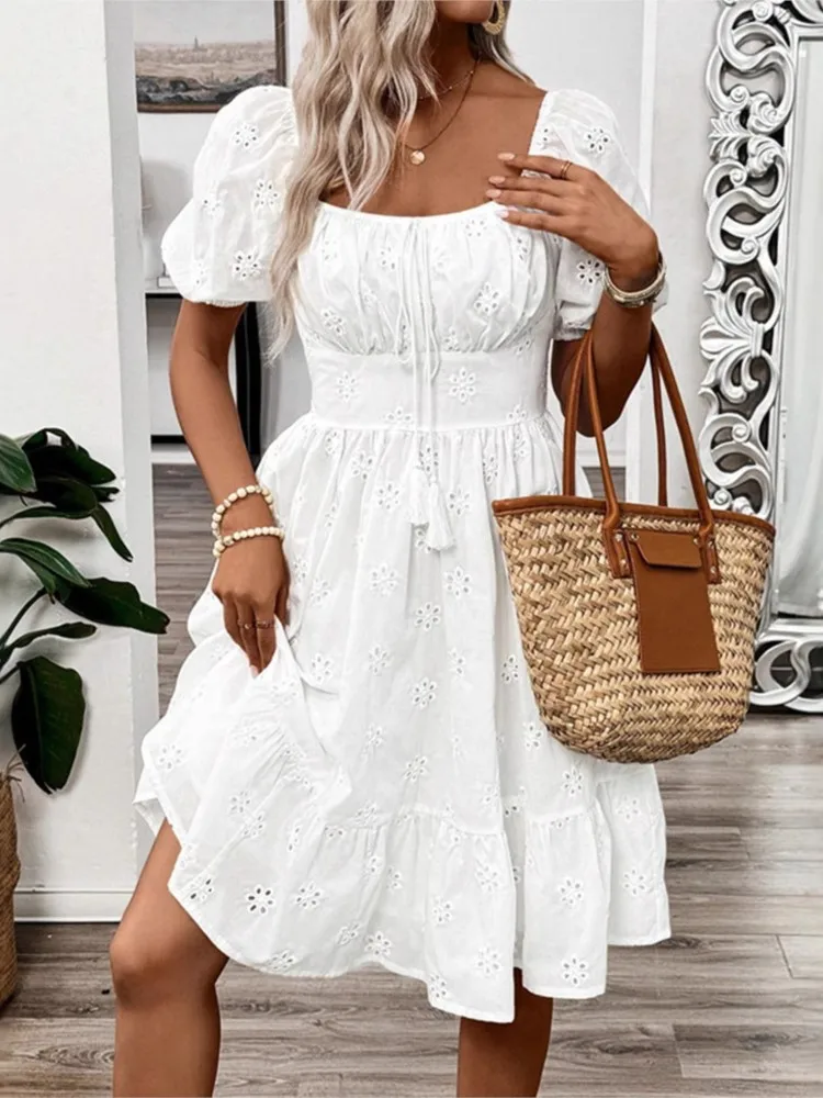 

Casual Simple Style White Knee Length Dress Woman Fashion Square Collar Puff Sleeves Dresses Lady Foreign Style Lace-up Vestidos