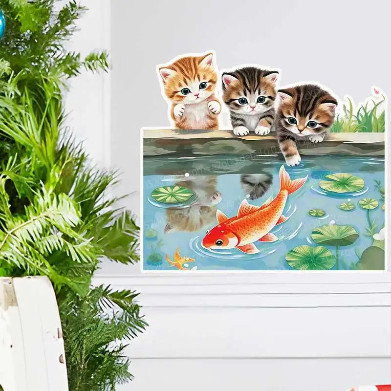Cute Cat Playing in Water Waterproof Self-Adhesive Stickers for Living Room Bathroom Cartoon Wall Decor Concealer AA239