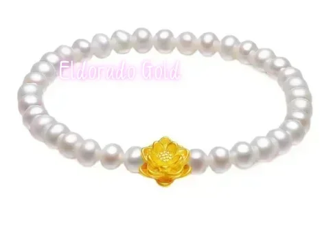 

Eldorado Gold 24k gold charm bracelet gold bracelet 999 real gold lotus charms + pearl +gold beads bracelet for women 0.2g lotu