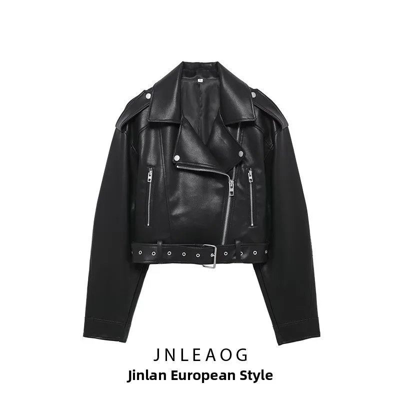 JNLEAOG Autunno delle nuove donne in pelle PU con cintura ort Jaet cappotto da motociclista in finta pelle Street Sle Long Sve fibra di poliestere