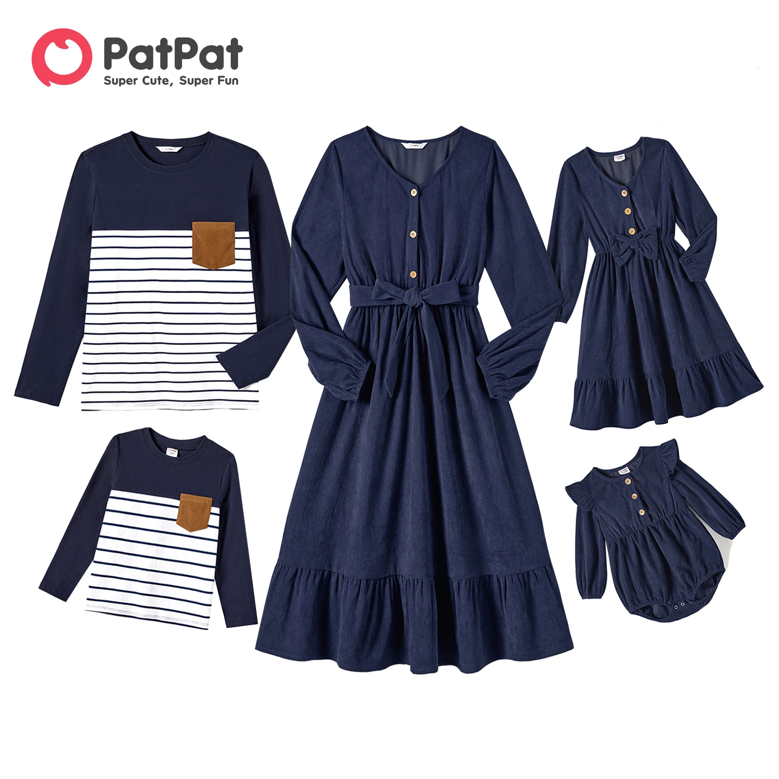 PatPat Family Matching Cotton Ribbed Long-sleeve Colorblock Dresses and Striped Tops Sets