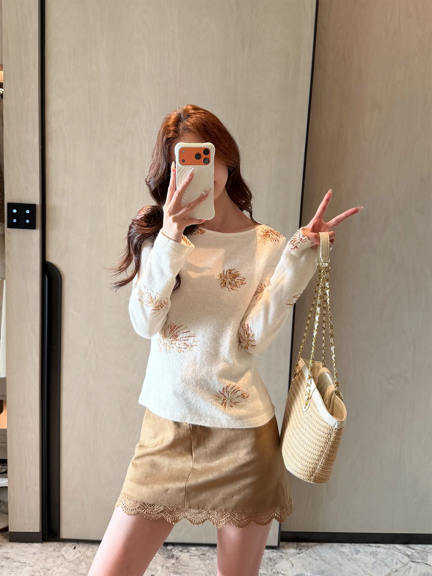 

Kun Total Women's Knitted Shiny Sequin Top Spring Slimming Commute Fashionable Muted White Casual Loose Fit Long Sleeve