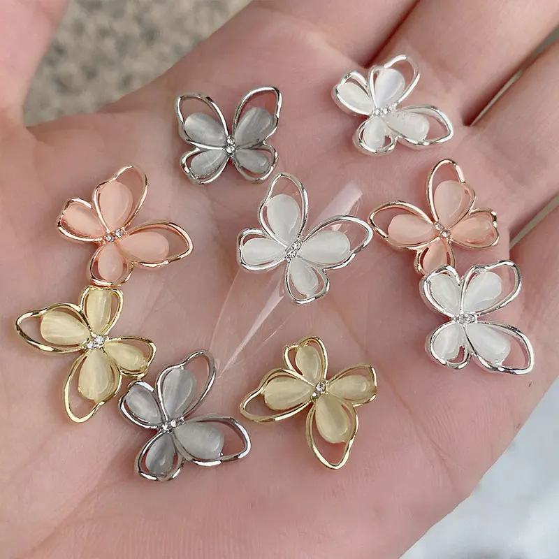 10Pcs Siver White Crystal Butterfly Nail Charms 3D Hollow Cat's Eye Alloy Zircon Nail Gems Luxury Diamond Butterfly Nail Charms