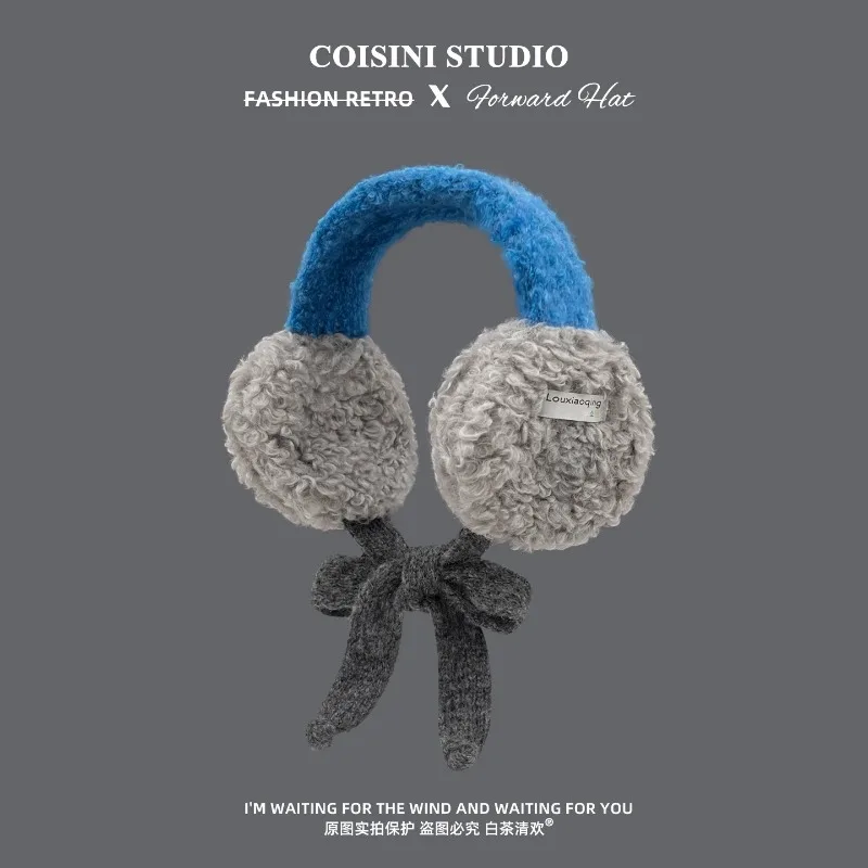 Korean Ins Contrasting Color Straps Earmuffs for Women Winter Fashion Versatile Thermal Ear Protectors Plush Pullover Hats