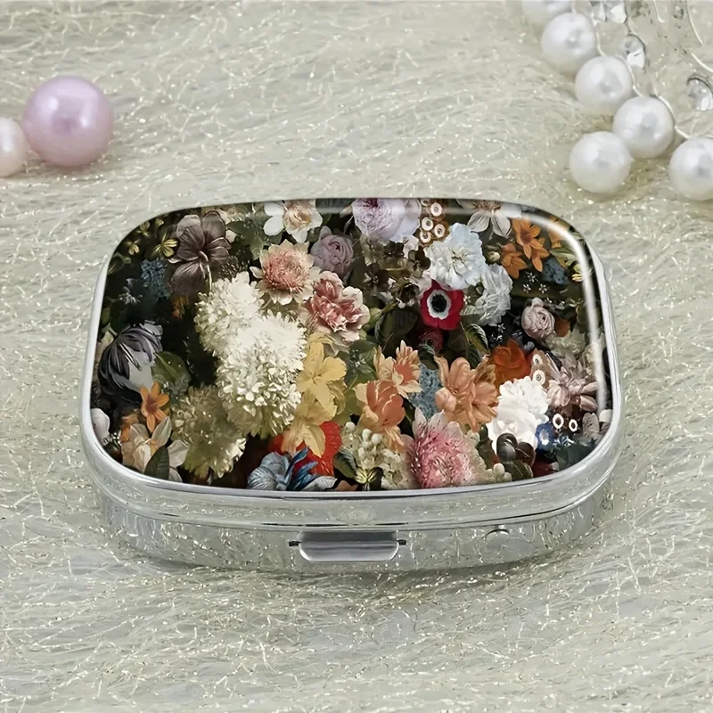 Vintage Floral Pill Storage Box , Decorative Pocket-sized Vitamin and Travel Pill Box, Elegant Oil Painting Floral Pattern