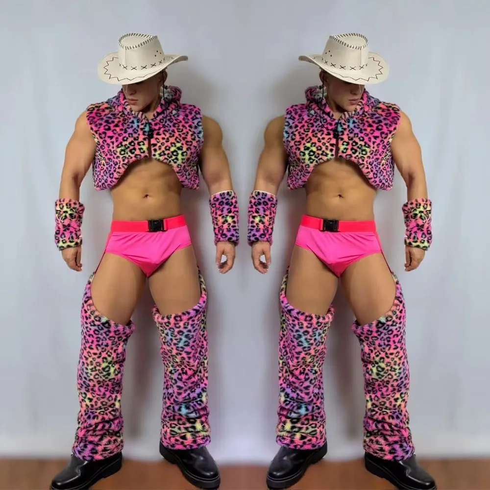 الوردي فو الفراء سترة السراويل جوفاء القوطية نمط الرجال ملهى ليلي أداء الحفلات طقم ملابس ملهى ليلي المغني تظهر المرحلة ارتداء