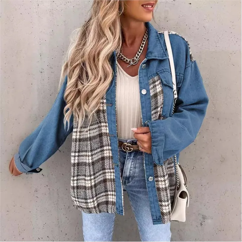 Spring Women's Vintage Turn-down Collar Button Coat Fall Irregular Tops Outwear Mujer Fashion Plaid Print Patchwork Denim Jacket