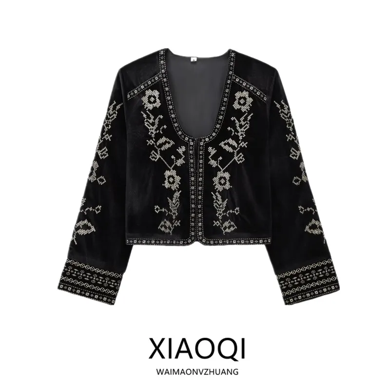 

Ele Embroidered Velvet Long Sve Jaet Coat Women's Faion Design Autumn Winter New Arrival Loose Fit ort Sle