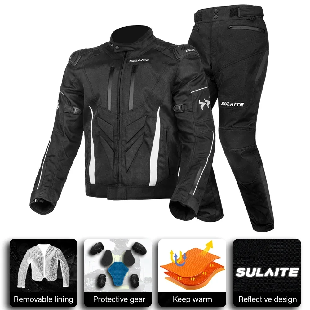 SULAITE Motorcycle Jacket Winter Kits Anti-fall Waterproof Protective Gear Jacket Pants Set Hip Protector Riding Suit Moto Pant