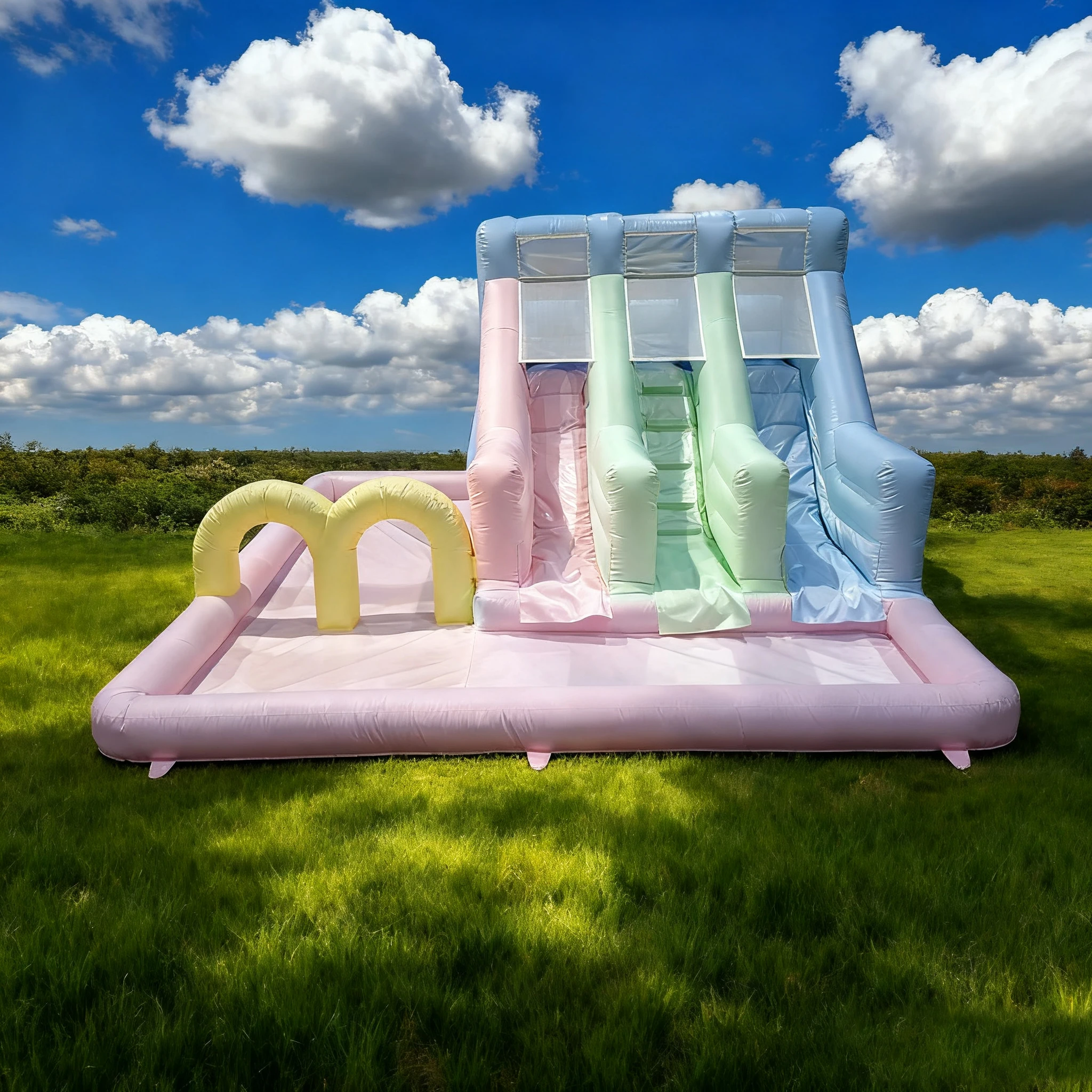 

Сверхмощный белый надувной замок с водной горкой и бассейном, отлично подходит для летних праздников и детских праздников.