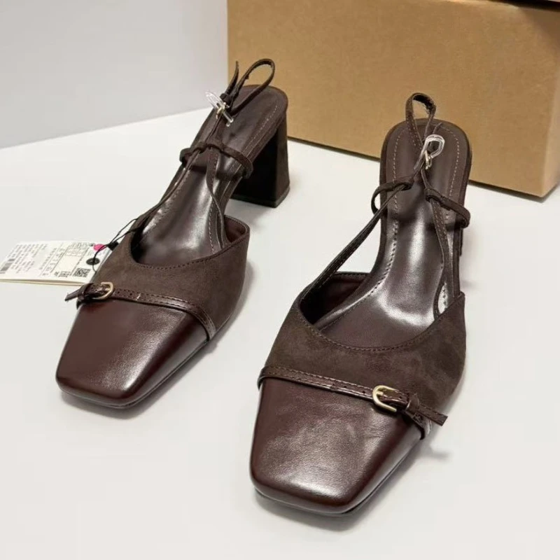 Chunky Heels Summer Women Slingback Sandals Vintage Square Toe Brown Suede Buckle Belt Patchwork Elegant Office Ladies Shoes - view 3