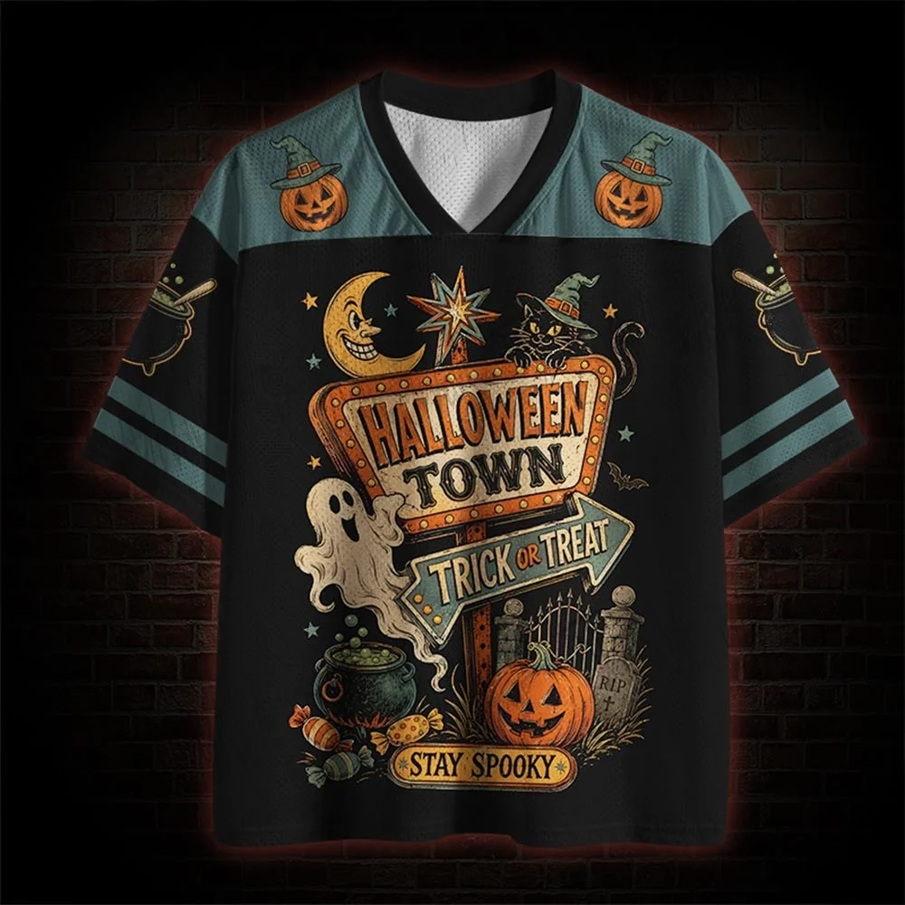 Gothic Dark Retro Halloween Unisex Jersey Vintage Spooky Town Print,Oversized Top For Festival Costume Night Daily Street Wear