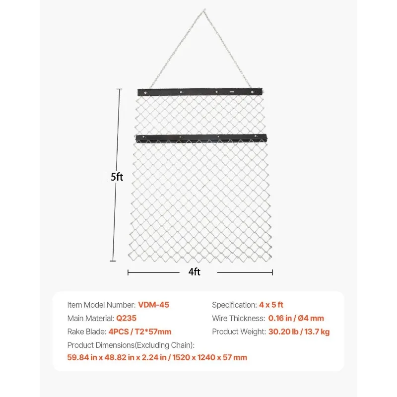 드래그 해로우 4 x 5 피트 체인 해로우 잔디 갈퀴 ATV UTV 트랙터 부착물