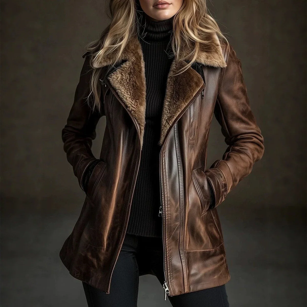 KIDCRKJ Winter Women Faux Fur Leather Jacket Casual Lady Warm Leather Velvet Turndown Collar Coat High Street Motorc Jacket