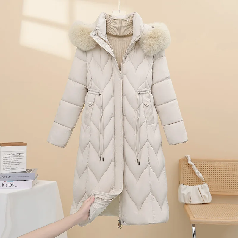 Parkas Hooded Women Fur Collar Drawstring Thick Warm Coats Zipper Pockets Midi Length Jackets Solid Casual Autumn Winter