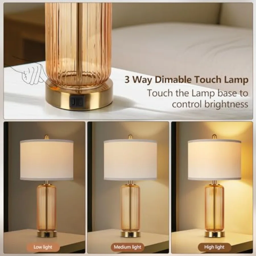 Table Lamps Set of with Touch Control, 3-Way Dimmable Nightstand Lamp with Vertical Grained Glass, Bedside Table Lamps, 7