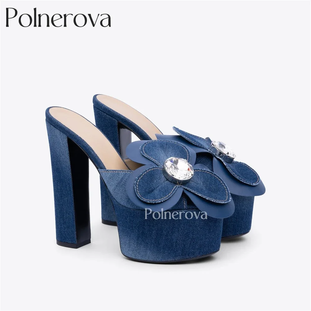 Flower Crystal Platform Mules Luxurious Handwork Embellishment Chunky High Heeled Slippers Elegant Summer Shoes for Women New In