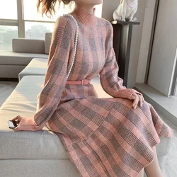 Biyaby Turtleneck Thicken Sweater Dresses Woman Autumn Winter Pink Plaid Midi Dress Ladies Korean Ruffles Knitted Primer Dress