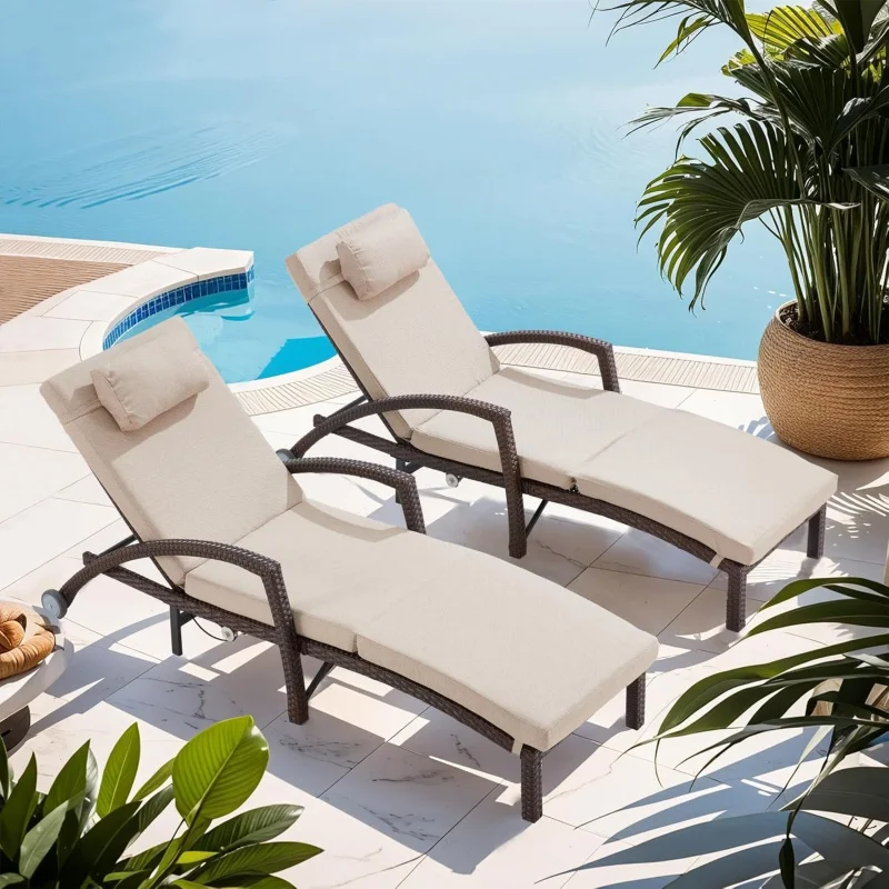 

2026 New：Lounge Chairs Set of 2, Wicker Patio Pool Lounge Chair with Gas-Lift Adjustable Backrest, Comfy Outside Rattan