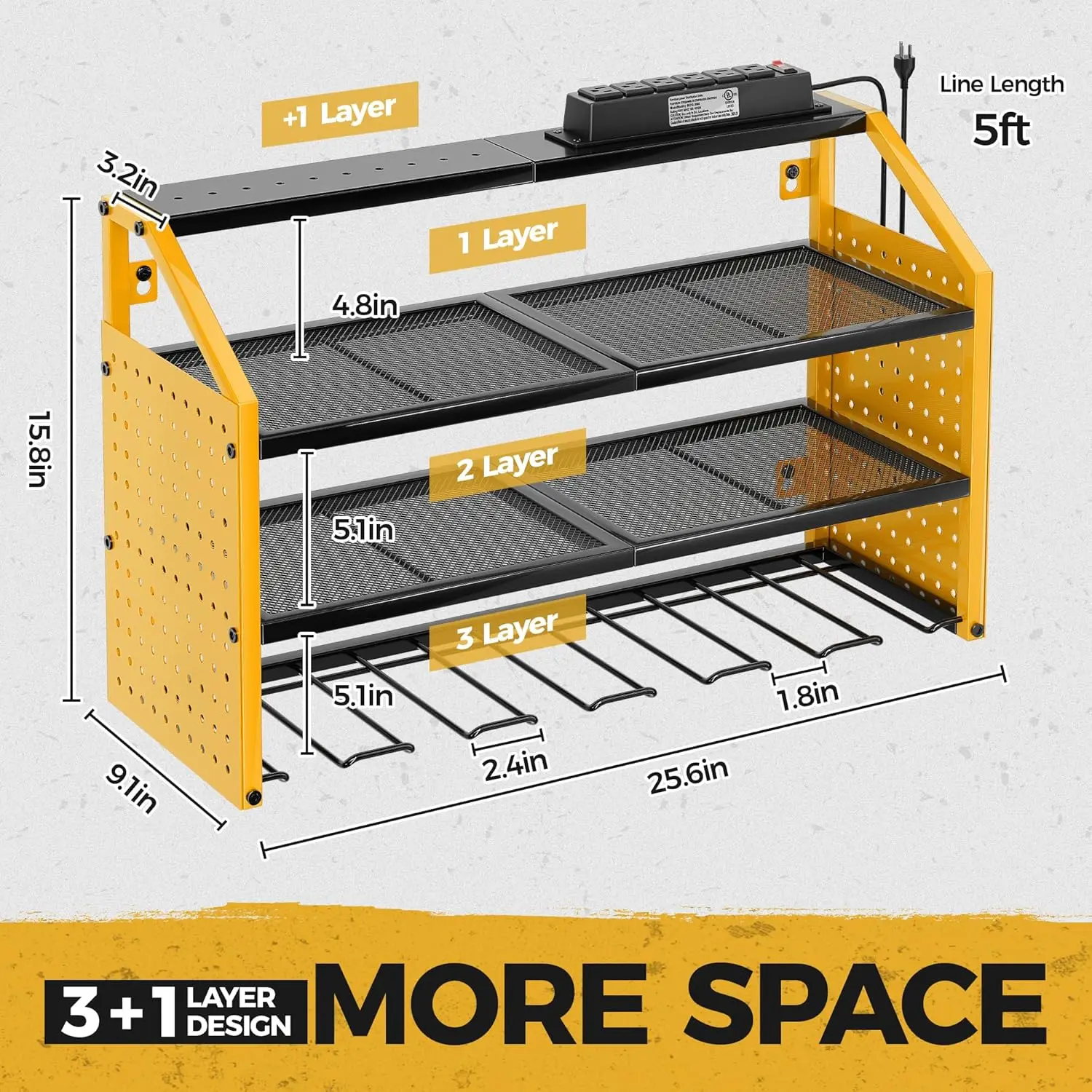 Power Tool Organizer Wall Mount with Charging Station. Patented, Heavy Duty Steel, Garage 6 Drill Storage Shelf