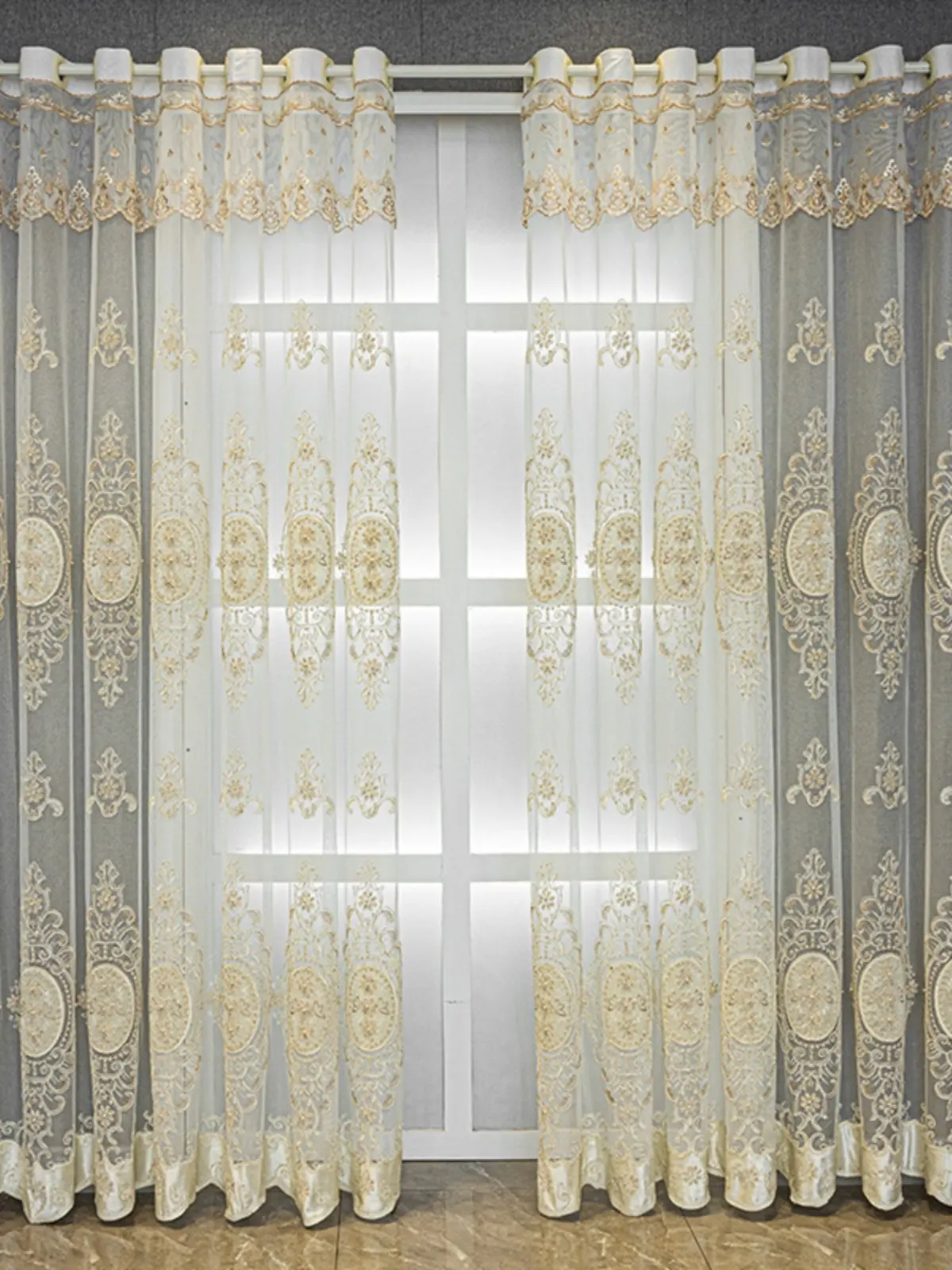 High-end Dreamy Atmosphere European Beaded Embroidery Gauze Curtain Living Room Bedroom Light-transmitting Window Screen Decor