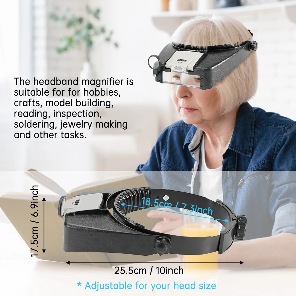 10X Headband Glasses Magnifier Adjustable Size LED Magnifier Loupe Glasses for Reading Illuminated Watchmaker Repair Tool