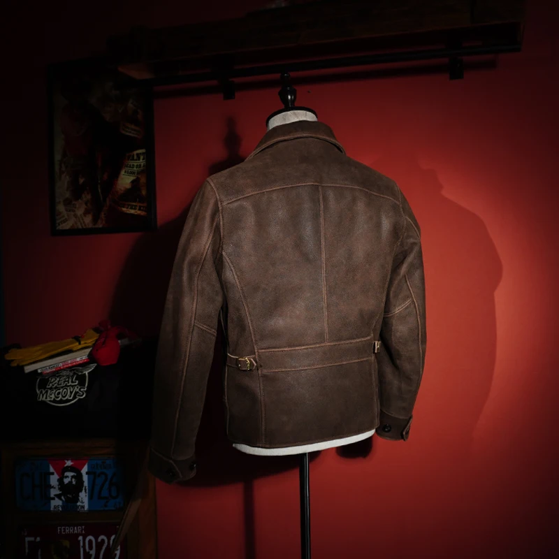 Depp's 1940s LVC Thick and Repetitive Ancient Tea Core Goat Leather Straight Pull Collar American Leather Jacket for Men