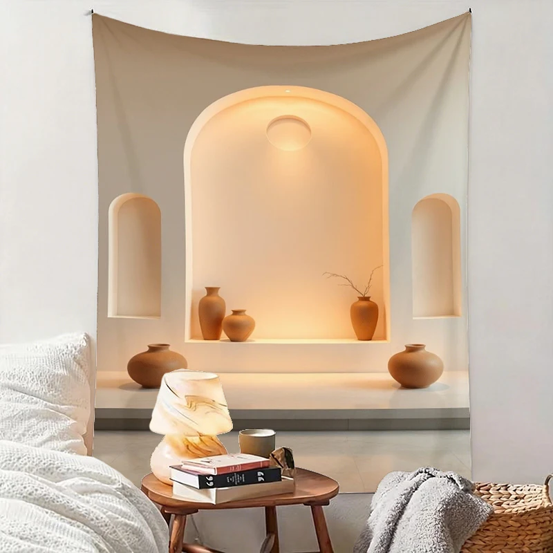 1PC Arch Niche Pottery Beige Print Backdrop Banner, Bedroom Living Room Photo Background, Polyester, Home Decor, Wall Art