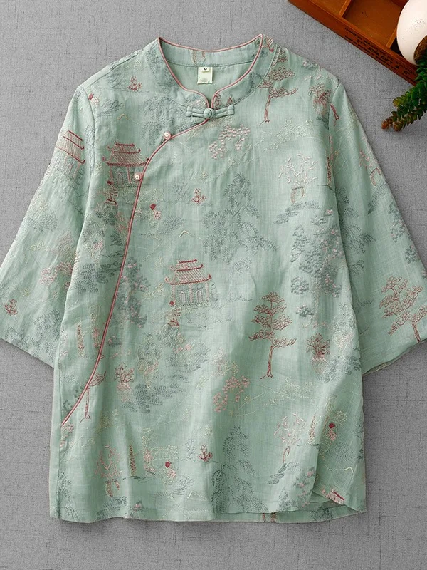 새로운 중국 스타일 여성 셔츠 우아한 무거운 자수 반팔 슬림핏 탑 패셔너블 전통 중국 패션