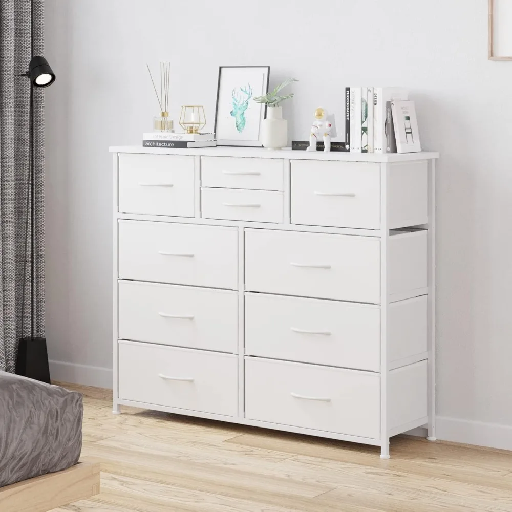 10-Drawer Dresser, Fabric Storage Dressers Drawers for Bedroom, Hallway, Nursery, Closets, Steel Frame, Wood Top, Easy Pull