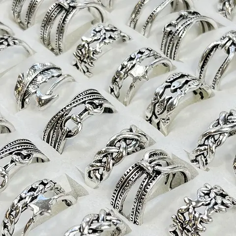 50Pcs/Lot Rattan Antique Silver Style Vintage Silver Ring For Women Ladies Jewelry Bulks LR4228